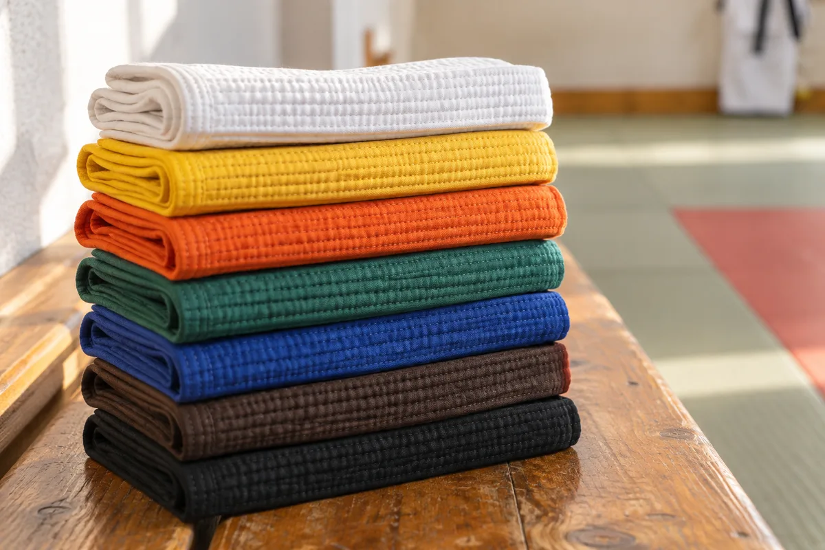 Ceintures de karaté de couleur pliées et empilées sur un banc de bois