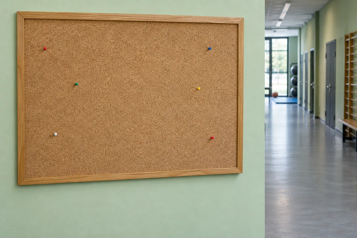 Tableau d’affichage en liège vide dans le couloir d’un gymnase