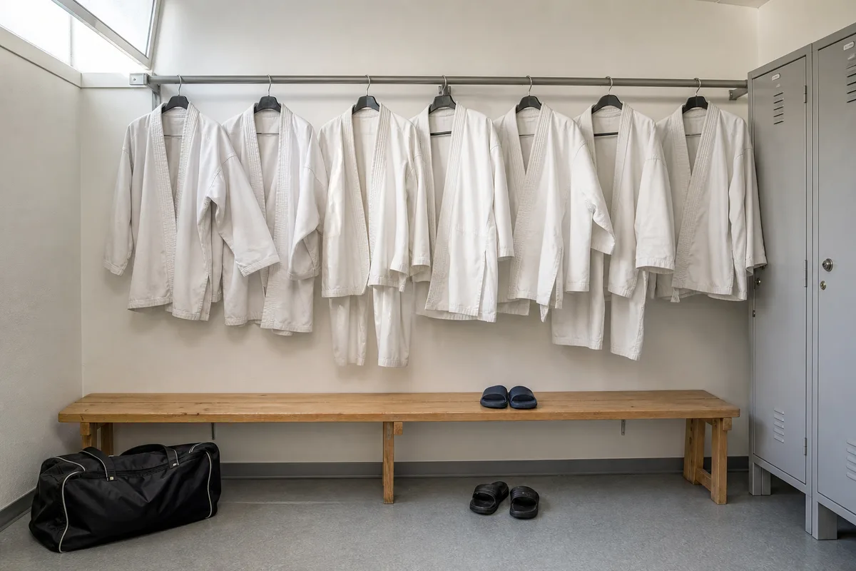 Rangée de karategi blancs suspendus sur des cintres dans un vestiaire de club sportif