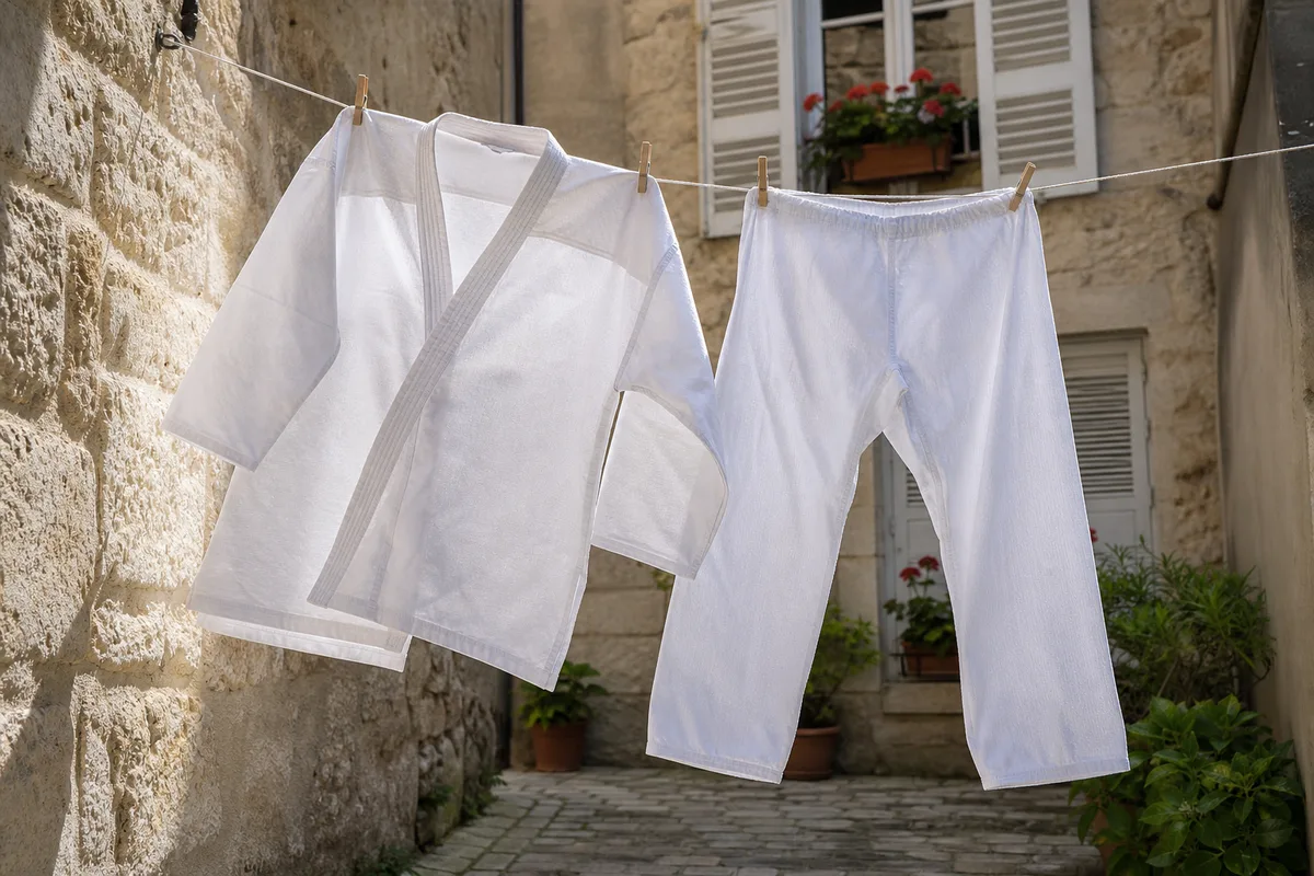 Karategi étendu sur un fil à linge dans une cour intérieure ensoleillée