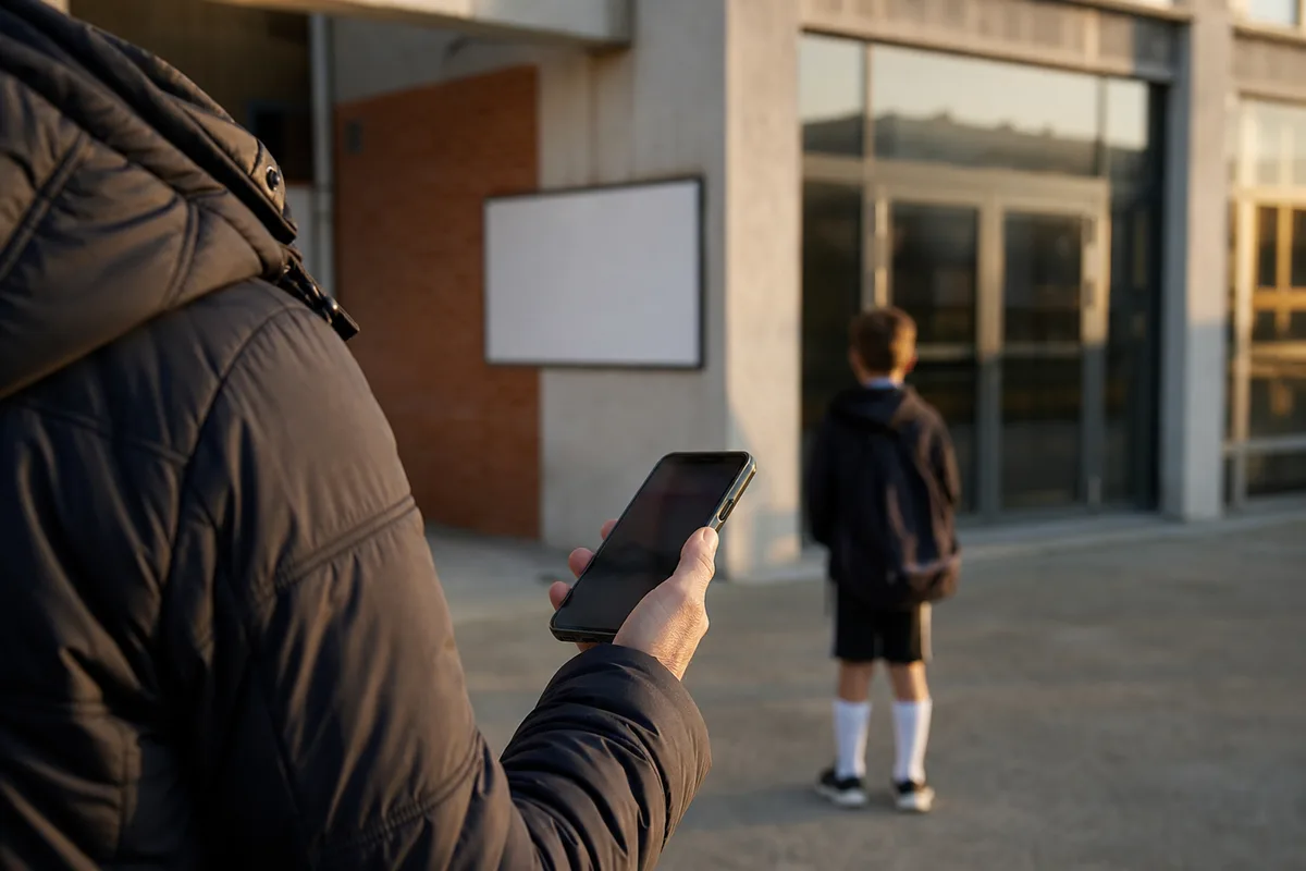 Parent consultant les horaires d’un club de sport sur son téléphone devant un gymnase