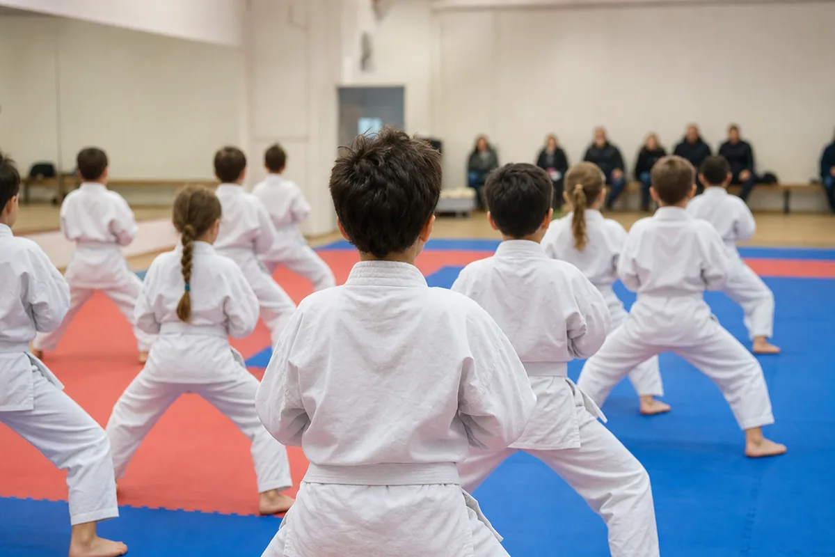 Cours collectif de karaté pour enfants dans un dojo avec parents assis en fond de salle