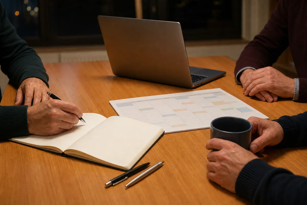 Réunion de bureau d’une association sportive autour d’une table avec documents et ordinateur portable