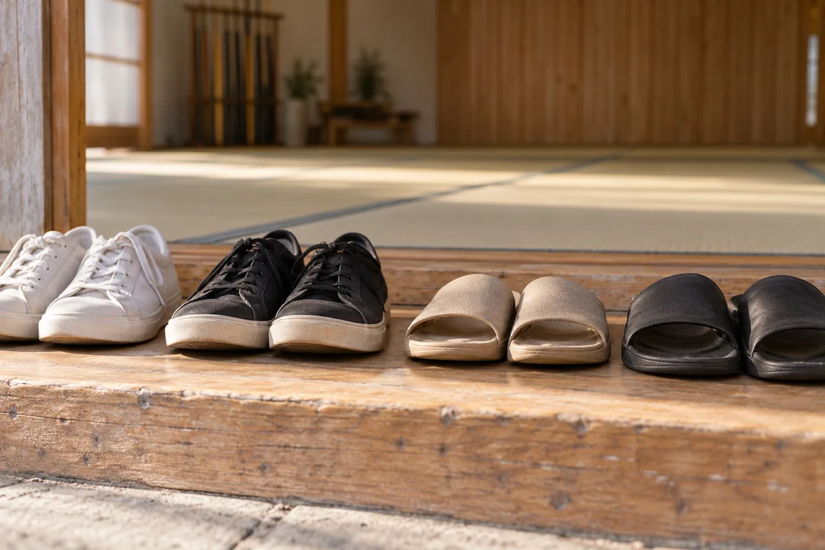 Chaussures alignées sur le seuil en bois à l&rsquo;entrée d&rsquo;un dojo