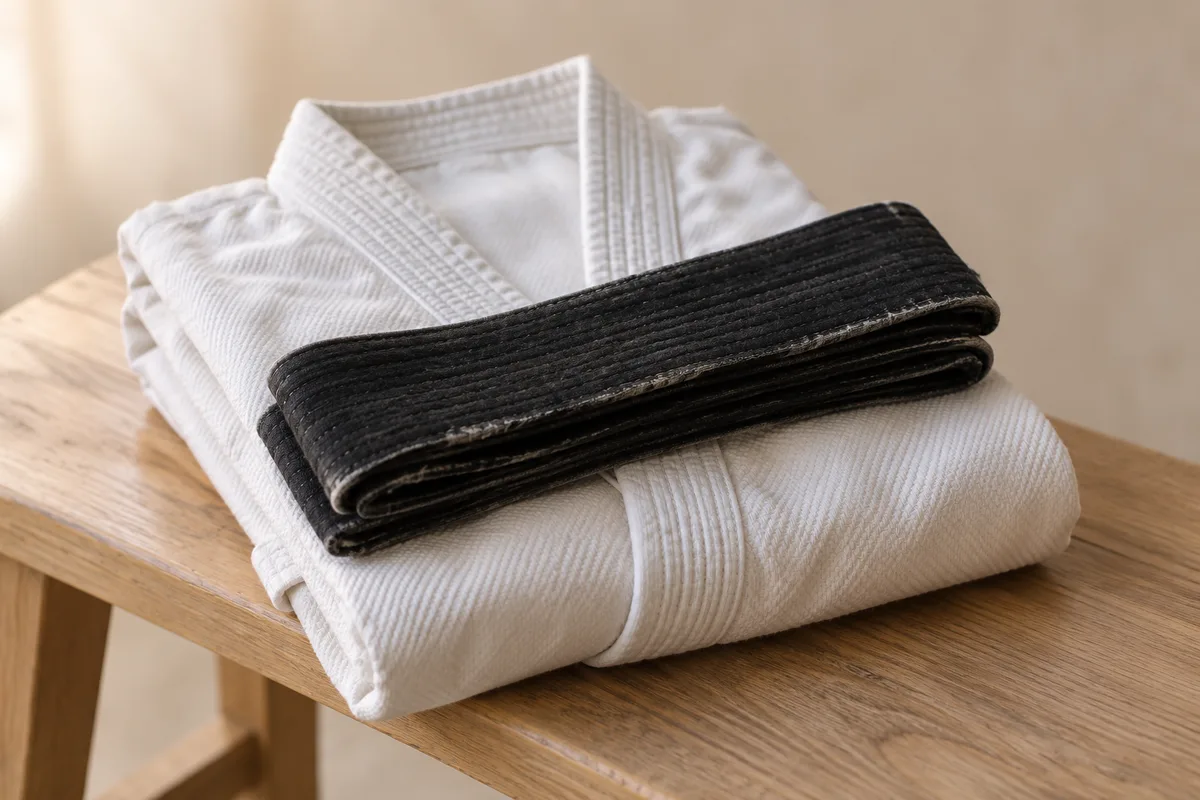 Ceinture noire pliée posée sur un karategi blanc plié