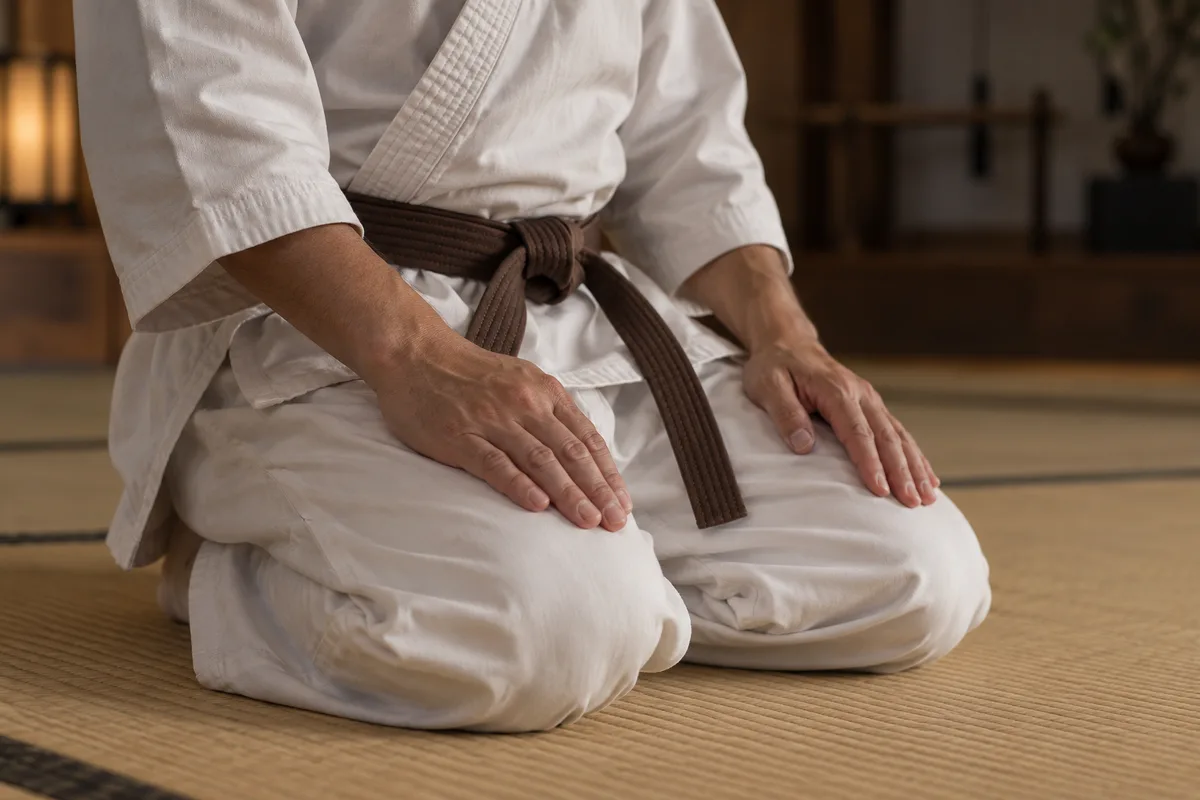 Mains posées à plat sur les cuisses d&rsquo;un pratiquant agenouillé en seiza