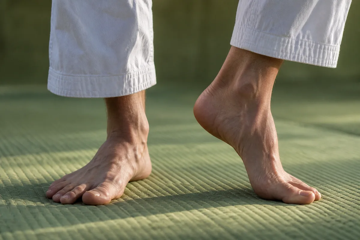 Gros plan sur des pieds nus et des chevilles en rotation sur un tatami vert