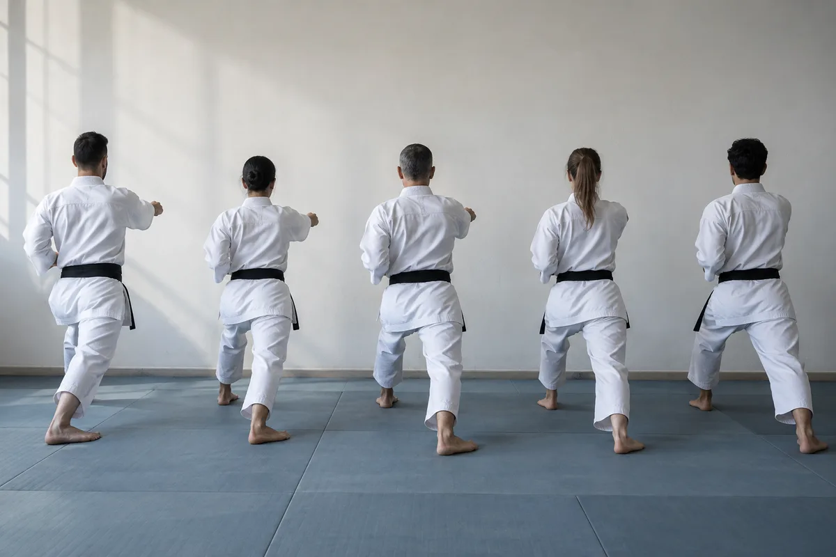 Rangée de karatékas vus de dos en position zenkutsu-dachi face à un mur nu