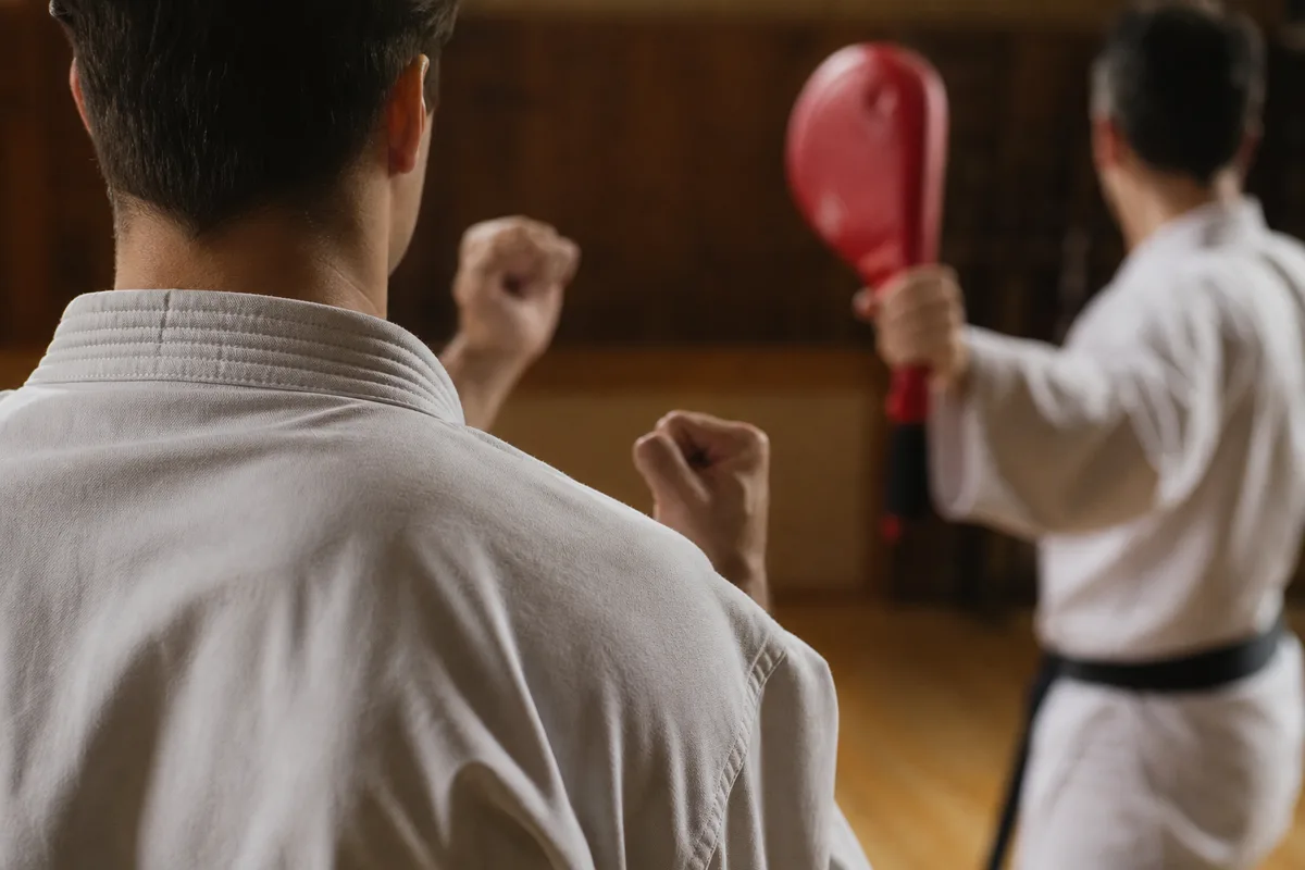 Karatéka en garde vu de dos face à un pao de frappe dans un dojo