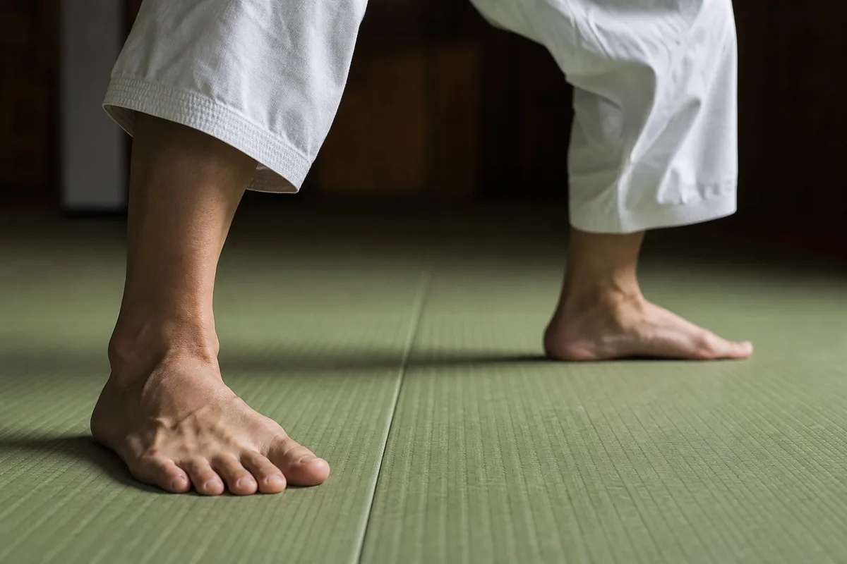Pieds nus en position zenkutsu-dachi sur un tatami vert