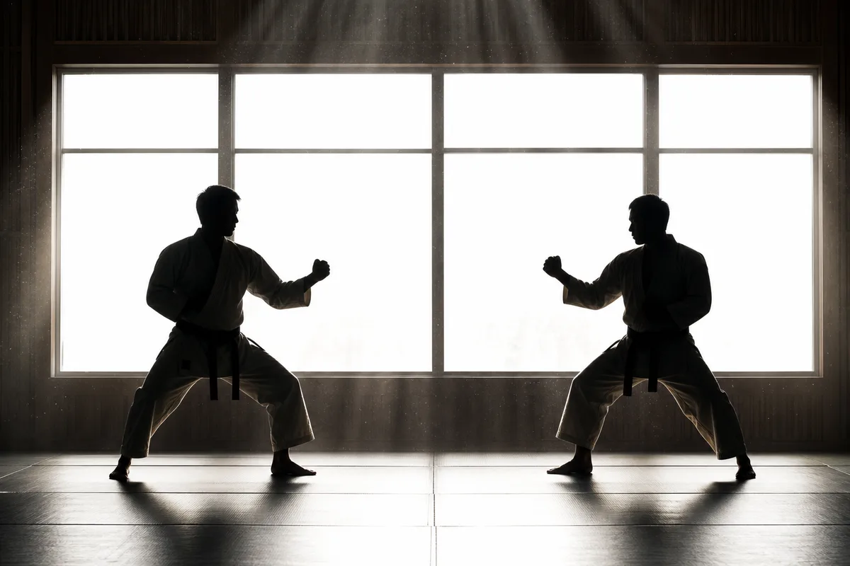 Deux silhouettes de karatékas en garde à contre-jour dans un dojo