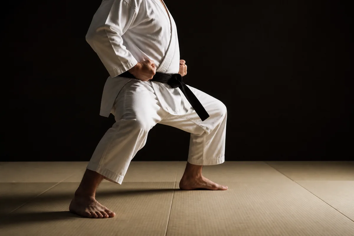 Karatéka en position kiba-dachi de profil dans un dojo