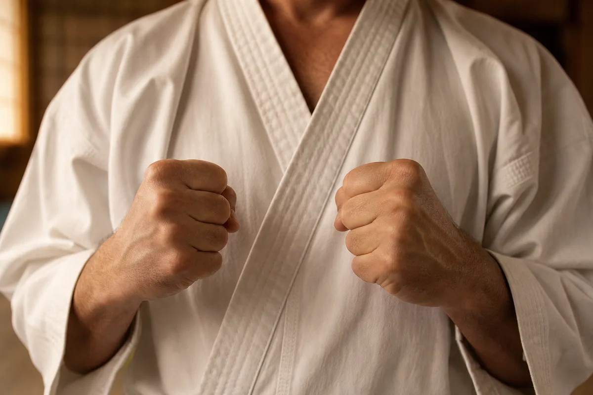 Poings fermés en position de garde devant un kimono blanc, cadrage serré