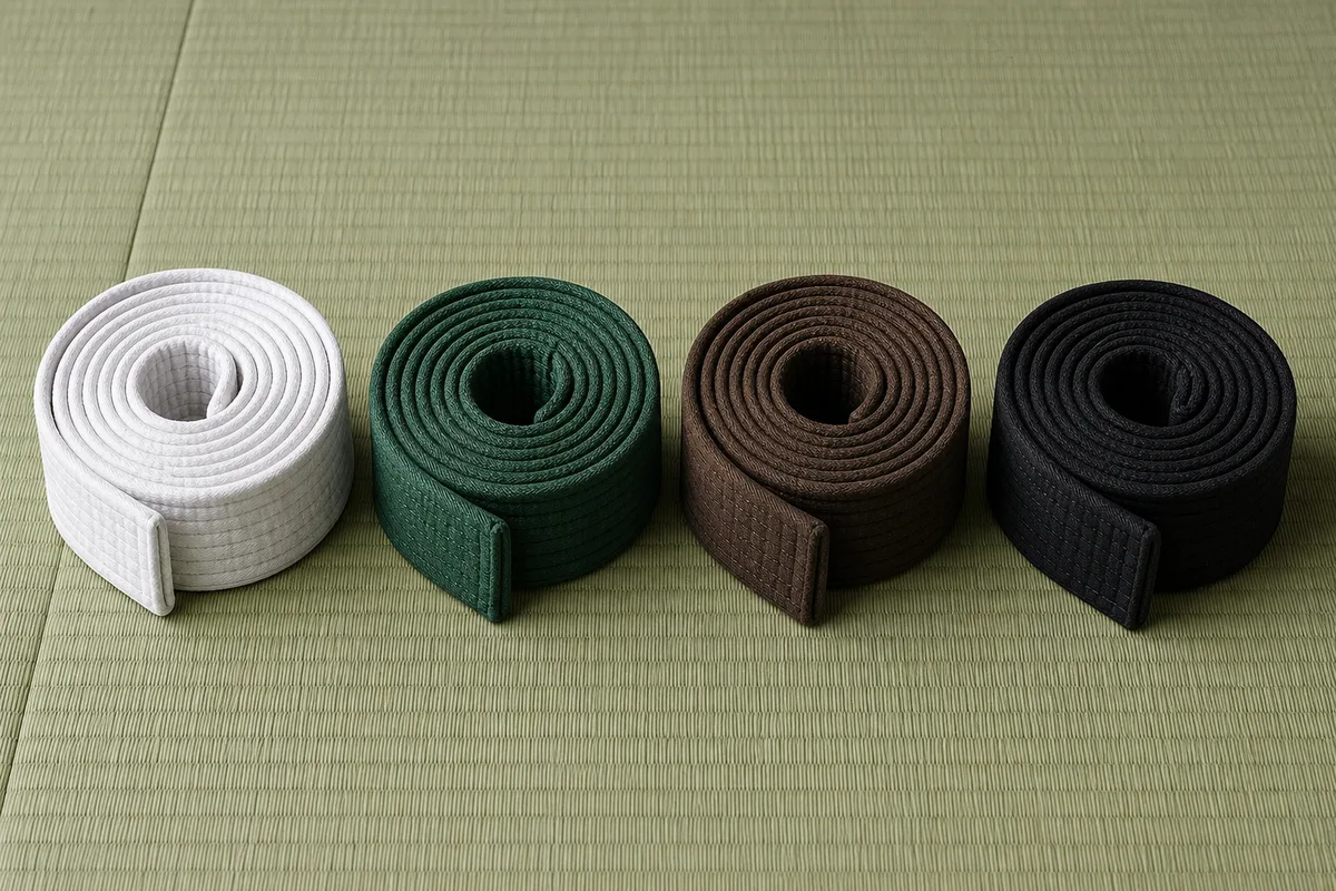 Quatre ceintures de karaté enroulées et alignées sur un tatami vert