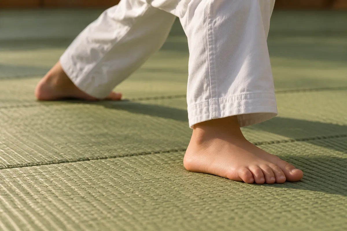 Pieds nus d’un enfant posés en position avant sur un tatami vert