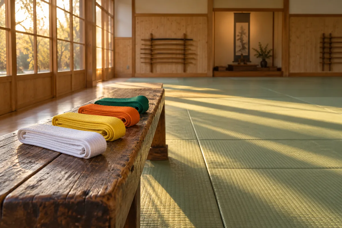 Dojo vide en fin d’après-midi, ceintures pliées sur un banc en bois