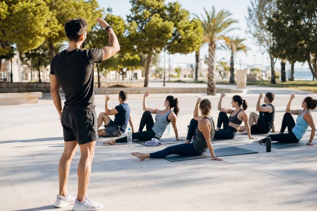 Coach sportif encadrant une séance collective en extérieur